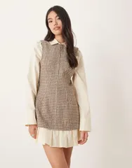 エイソス レディース トップス ワンピース ミニワンピース ミニ シャツ ASOS DESIGN shirt hybrid mini dress with peplum hem in tan plaid Tan check タン