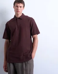 トップマン メンズ トップス ポロシャツ オーバーサイズフィット Topman oversized fit textured interlock polo BROWN ブラウンのサムネイル