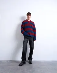 トップマン メンズ アウター ニット・セーター リラックスフィット ポロシャツ セーター ニット Topman relaxed fit knit striped polo sweater Burgunのサムネイル