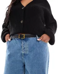 エイソス レディース アクセサリー ベルト ASOS Curve ASOS DESIGN Curve waist and hip belt with square buckle Black ブラックのサムネイル
