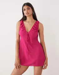 コルージョン レディース トップス ワンピース シフォン ミニワンピース ミニ COLLUSION chiffon tie front mini dress PINK ピンク