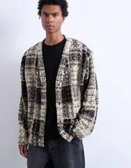 トップマン メンズ アウター カーディガン ウール Topman wool mix textured square pattern cardigan in cream BROWN ブラウンのサムネイル