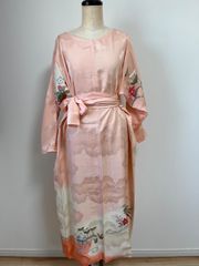 LL 着物リメイク正絹春色綸子 附下げ シンプルゆったりワンピース入学