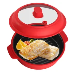 GLOU-GLOU GOOSE GGG 電子レンジ専用調理器具 1台8役 焼き魚 魚焼きレンジ 焼き目 アルミ板 シリコン調理器具 時短 簡単 安全 キッチン 料理 丸型 レッドma bbf80ea0