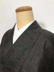 赤城紬 天然繭生紬 葉文 反端付き 焦げ茶 グリーン 葉っぱ模様 - メルカリ