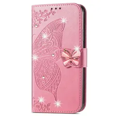 【新品】 に適用するiPhone 15 ケース 手帳型 ノートブック型携帯電話保護カバー多機能携帯電話ホルスター財布携帯電話ホルダーバンプパターンテクスチャ耐久性摩擦耐性携帯電話ケース男性と女性に適した多色オプション (zバタフライピンク)