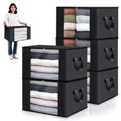 布団収納袋 衣類収納ケース 84L 大容量 5個組 衣装ケース 収納ボックス 毛布 洋服収納 通気性の良い不織布 透明窓付き 強化ハンドル 両開きダブルファスナー 折りたたみ式 押入れ収納 クローゼット整理 衣替え 引越し 季節収納 (ブラック,（60長koe