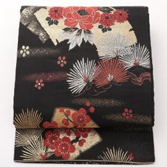 アンティーク名古屋帯 花模様 菖蒲 刺繍 黒地 全通柄 正絹 N66-26