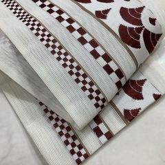 SALE❤️正絹　紗　半幅帯 淡ベージュに深緑の市松×扇面文様 SALE❤️正絹 紗 半幅帯 淡ベージュに深緑の市松×扇面文様 - メルカリ