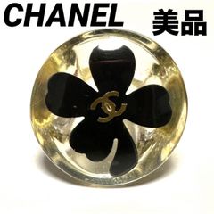 미품 샤넬 CHANEL 코코마크 반지 링 클로버 네잎 13호 네잎 클로버 빈티지 희소 플라스틱 클리어 블랙 골드