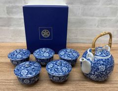 新品箱入6点 龍峰窯 染付更紗 ポット&高台カップ 茶器セット 冷茶にも