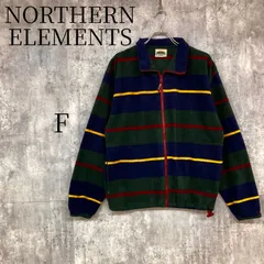 NORTHERN ELEMENTS フリースジャケット マルチカラー ボーダー 紺 緑 黄 赤 90s ヴィンテージ 古着スタイル ビッグシルエット オーバーサイズ フルジップ ドローコード付 厚手 防寒 アウター カジュアル おしゃれ