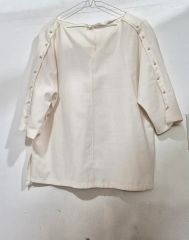 美品☆OHGA キャンディドット柄 フリルブラウス ホワイト 七分袖