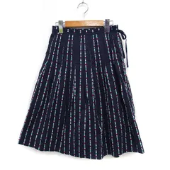 ローラアシュレイ LAURA ASHLEY ドットストライプ タック プリーツ スカート ひざ丈 コットン 綿 7 ネイビー 紺 /FT2