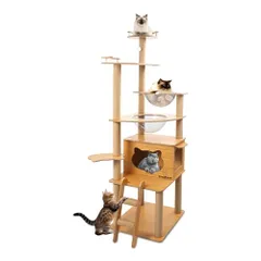 キャットタワー 木製 スリム 宇宙船 据え置き 厚さを増した板材 キャットハウス つめとぎ 猫 大型猫用 爪とぎ キャットウォーク 多頭飼い 人気 猫タワー おしゃれ かわいい ねこ キャットステップ 高い安定性 運動不足解消日本語説明書付き (ナチュラル 0のサムネイル