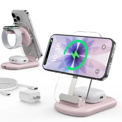 3in1充電器 ワイヤレス充電器 MagSafe充電器 - 折り畳み式 雰囲気ライト付き iPhone／Apple Watch／Airpodsに対応 マグセーフ充電器 3台同時充電 角度調整可能 マルチ充電スタンド マグネット式 旅行用 自宅用 iWatc 0
