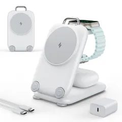 Mukiya 3in1 ワイヤレス充電器 MagSafe充電器 折りたたみ式 3in1充電器 【20W USB-C充電器＋1.5mケーブル付き】 iPhone／Apple Watch／AirPods対応 3台同時充電 角度調整可能 マグネット式 旅行用・自 0