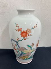 441301095401】 現状品 十四代 柿右衛門 錦梅鳥文 花瓶 壺 共箱 栞