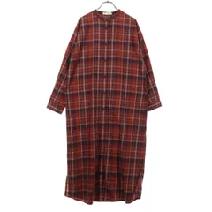 未使用 SHOO LA RUE シューラルー チェック柄 長袖 ノーカラー ボタン 膝丈ワンピース F レッド レディース 古着