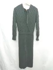 ◇ ⊇ EVRIS ニット生地 Ｖネック スリット加工 長袖 ロング丈 ワンピース サイズF ブラック レディース E  【1412260008761】