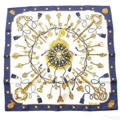 エルメス シルク カレ90 LES CLES 鍵 スカーフ ブルー【中古】