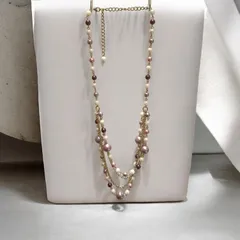 ☆【美品】3連風 パールロングネックレス 68cm ゴールド×ピンク・パープル系
