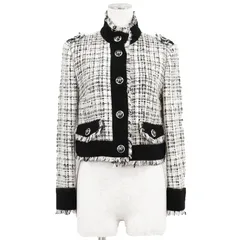 【新品同様】DOLCE&GABBANA ドルチェアンドガッバーナ ジャケット ブークレツイード x クレープ サイズ 38 レディース  アルパカ/モヘア混 クラウン 王冠 ボタン メッシュライニング フリンジ アウター ホワイト ブラック 黒 白 イタリア製のサムネイル