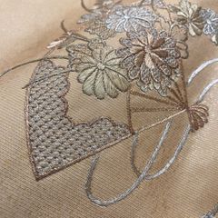 夏物 絽の袋名古屋帯（夏草に水玉文）日本刺繍 薄手で柔らか 正絹
