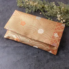 御朱印帳ケース　御朱印帳入れ　帯リメイク　袱紗タイプ　着物リメイク　和柄　和風　上品　金　波　花　一点物　G-25-243　ハンドメイド