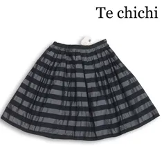 【新品 未使用】 Te chichi テチチ 通年★ ボーダー サテン 総裏 ひざ丈 ギャザー フレア スカート Sz.S レディースのサムネイル