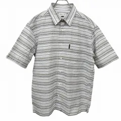 【中古】[印象A] element of SIMPLE LIFE エレメントオブシンプルライフ シャツ メンズ L 紺×茶×白×黒 綿×ナイロン×ポリエステル ボーダー柄 レギュラーカラー 半袖 ベトナム製 古着 胸ポケット付き 裾の両サイドにスリットのサムネイル
