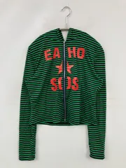 パーカー グリーン ボーダー柄 前面プリント ジップアップ 長袖 レディース