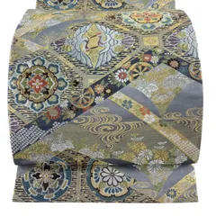【美品】 袋帯 秀品 華文 向かい鳥 唐織 金銀糸 灰色 六通 正絹 【中古】