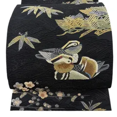 【美品】 袋帯 逸品 羽田登喜男監修 落款 別腹 松竹梅 鴛鴦 箔 唐織 黒 六通 正絹 【中古】のサムネイル