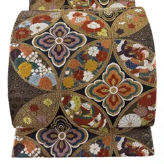 【美品】 袋帯 秀品 七宝 花鳥 刺繍 金糸 黒 六通 正絹 【中古】