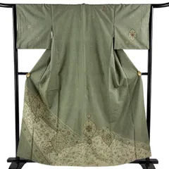 【美品】 訪問着 身丈160cm 裄丈64.5cm M 袷 紬地 華文 花唐草 灰緑 正絹 秀品 【中古】のサムネイル