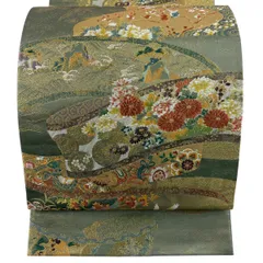 【美品】 袋帯 秀品 巻物 花鳥 金糸 本金箔づつれ 灰緑 六通 正絹 【中古】
