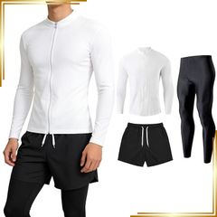 [Brand New] [Kayiyasu] Rash Guard Men's Swimsuit Long Sleeve Fitness Top and Bottom Set Leggings Surf Shorts Men's UV Protection Plus Sizes Breathable Sweat-wicking Quick-drying Stylish Beach Swimming Amphibious Summer M-2XL (2XL White) 1
