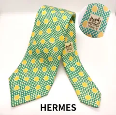✨極美品✨ HERMES エルメス ネクタイ 高級シルク100% 幾何学柄 レトロ ドット柄 グリーン系 メンズ ブランドスーツ 紳士服 ヴィンテージ 1035
