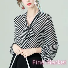 ボウタイブラウス ストライプ レディース プリント V ネック レトロ シフォン トップス オシャレ エレガント スプリングコーデ 春新作 2026