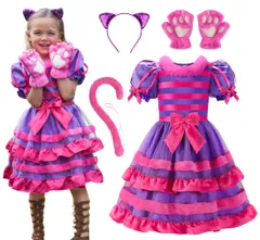 新品 [ReliBeauty] 猫 コスプレ ハロウィン 仮装 子供 女の子 ネコ アニマル キッズ コスチューム クリスマス パーティー ワンピース 猫耳カチューシャ しっぽ 肉球手袋 4点セット 紫 150