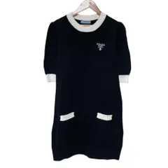 美品 23SS PRADA プラダ ロゴ刺繍 コットンニット ミニドレス ワンピース 23955 サイズ36 ブラック×ホワイト レディース 古着 中古 USEDのサムネイル
