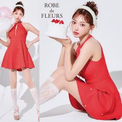 ROBE de FLEURS / サテンネックリボンジップフレアミニキャバドレス