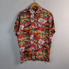 Pineapple Juice パイナップルジュース 総柄 アロハシャツ レーヨン100% レッド MEDIUM メンズ 古着 レトロ アメカジのサムネイル