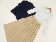 AMERICAN HOLIC等 長袖ニットカットソー+半袖シフォンPOブラウス+マキシ丈フレアスカート コーデ3点セット M相当 ライトブルー/ネイビー/ベージュ きれいめ・フェミニン系 20代・30代・40代～
