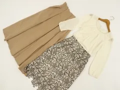 index等 九分袖シフォンPOブラウス+膝丈レースセミタイトスカート+ロング丈タックフレアスカート コーデ3点セット M相当 アイボリー/グレージュ×ブラック 花柄/ブラウン フェミニン系 20代〜