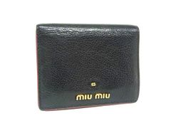 miumiu 二つ折り財布 黒 小物 レザー レディース ゴールドロゴ - メルカリ