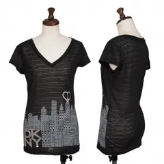 ダナキャランDKNY ポリコットンロゴシティプリントボーダーシースルーVネックTシャツ 黒XSのサムネイル