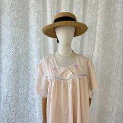 ヴィンテージ　ローズ刺繍ナイティワンピース ピンク コットン混 レースデザイン ロマンティックガーリー