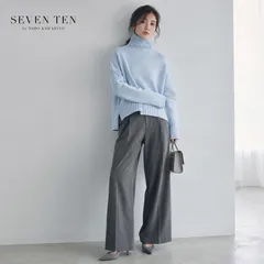 【完売品】【極美品】SEVEN TEN by MIHO KAWAHITO /セブンテン バイ ミホ カワヒト ベーシックタートルニット S 「M～L 9号～11号サイズおすすめ」サックス カシミヤBLEND 【'24年商品】アシメトリー丈 上品シルエットのサムネイル